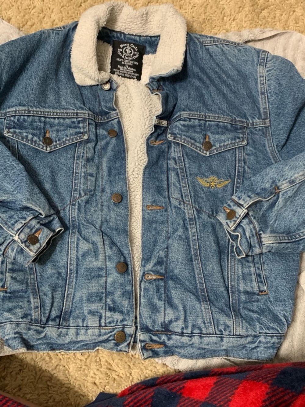 Vintage Monte Carlo Sherpa-Lined Denim Jacket - Light Blue with White Sherpa